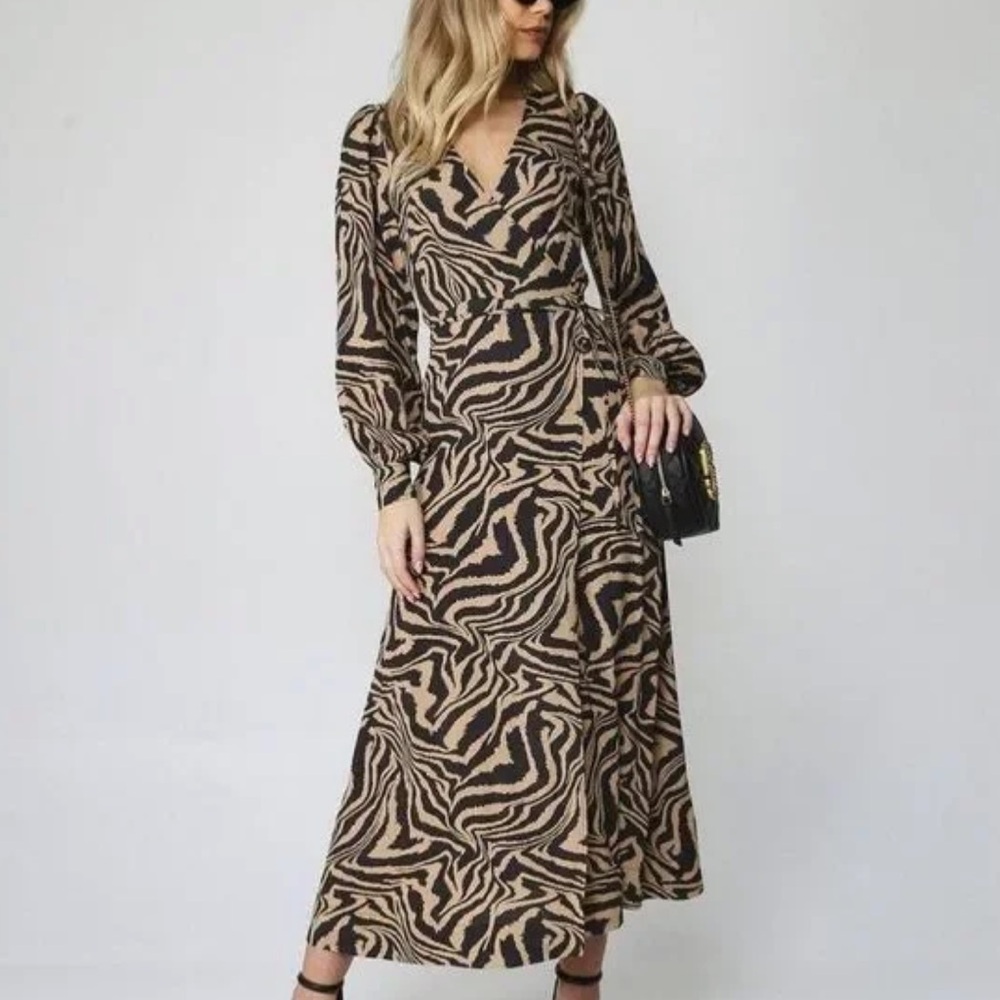 GANNI Tiger Print Wrap Long-Sleeve Maxi‎ Dress Size EU 34 Black & Brown